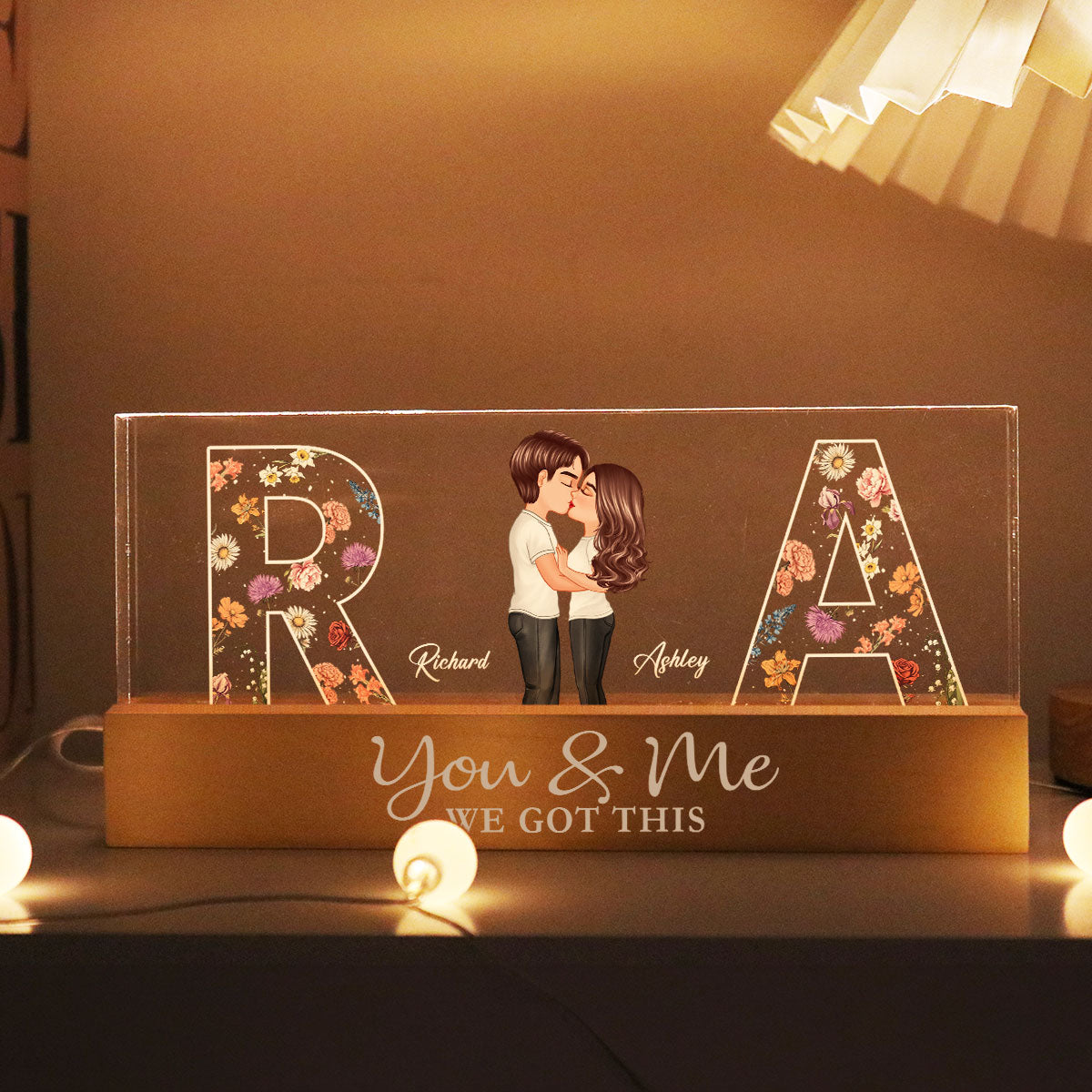 Couple Initials Floral Theme Couple Kissing Anniversary Gift Personalized Acrylic Block LED Night Light