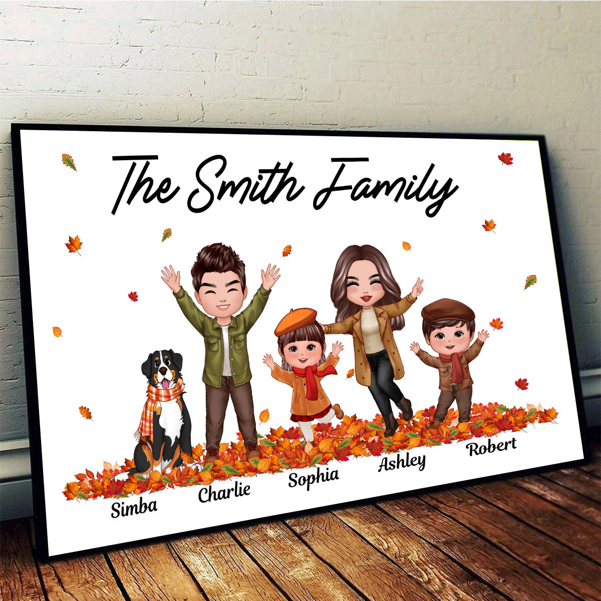 Fall Season Happy Whole Doll Family Dad Mom Kids Dogs Cats Playing With Autumn Leaves Pile Personalized Horizontal Poster