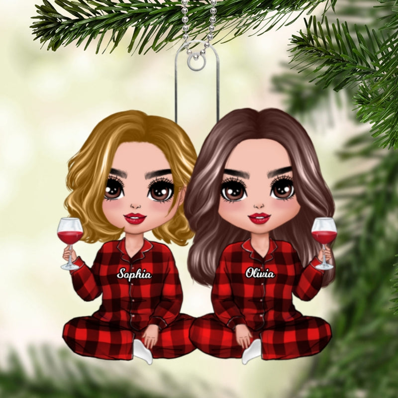 Christmas Pajamas Doll Besties Sisters Sitting Personalized Acrylic Ornament