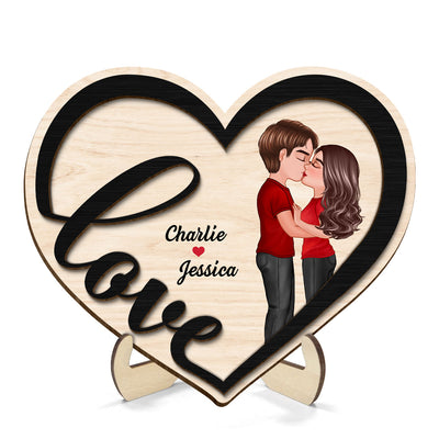 Couple Love Heart Kissing Standing Personalized 2-layer Wooden Plaque