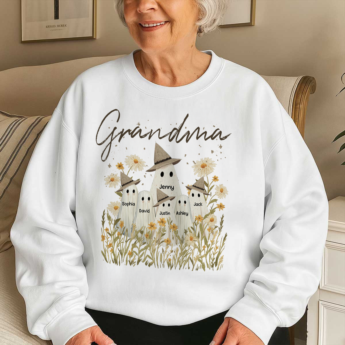 Cute Ghost Grandma And Kids In Wildflowers Spooky Fall Personalized Sweatshirt