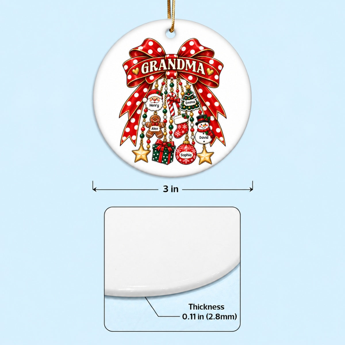 Grandma Retro Christmas Charm Bow - Personalized Ceramic Ornament - Trendy Christmas Ornament for Grandma