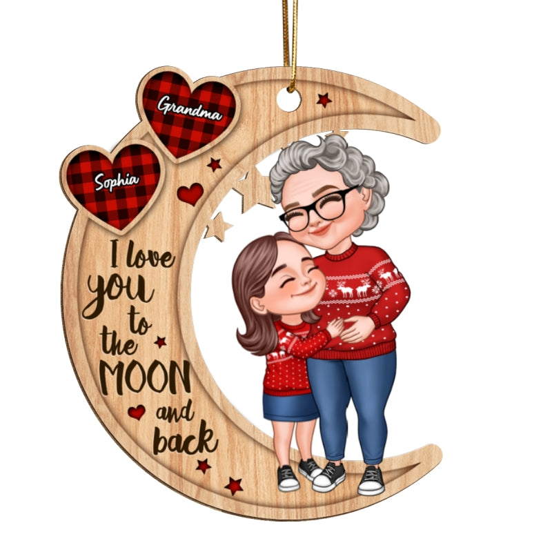 Checkered Pattern Heart Cartoon Grandma & Grandkid Hugging On Moon Personalized Wooden Ornament