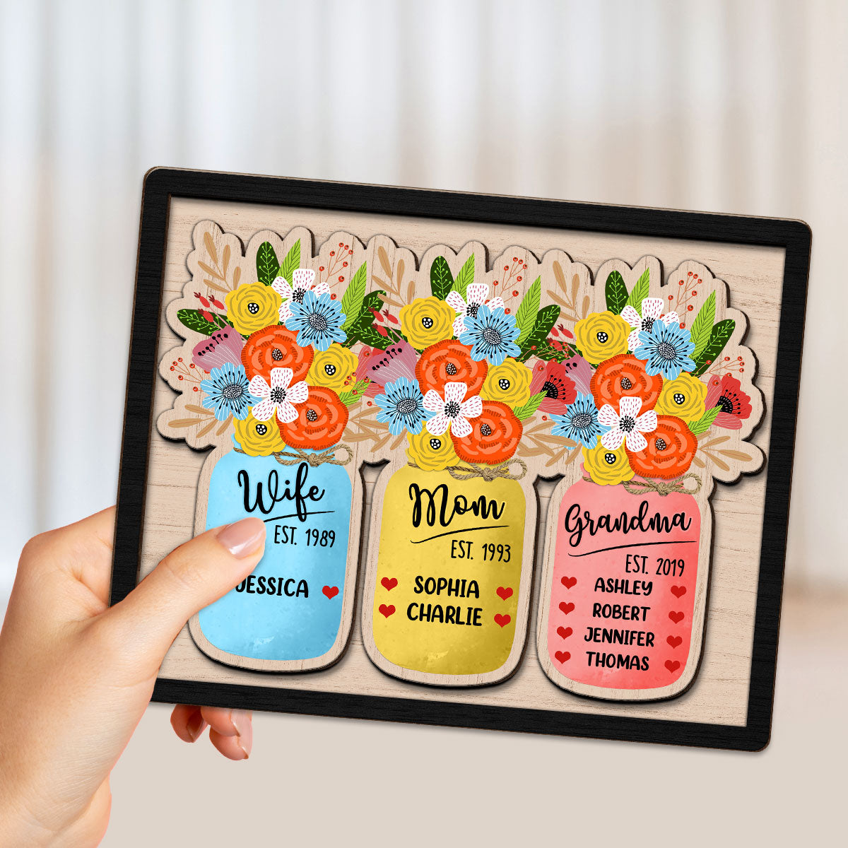 Wife Mom Grandma Flowers Jar Personalized Heart 2-layer Wooden Plaque