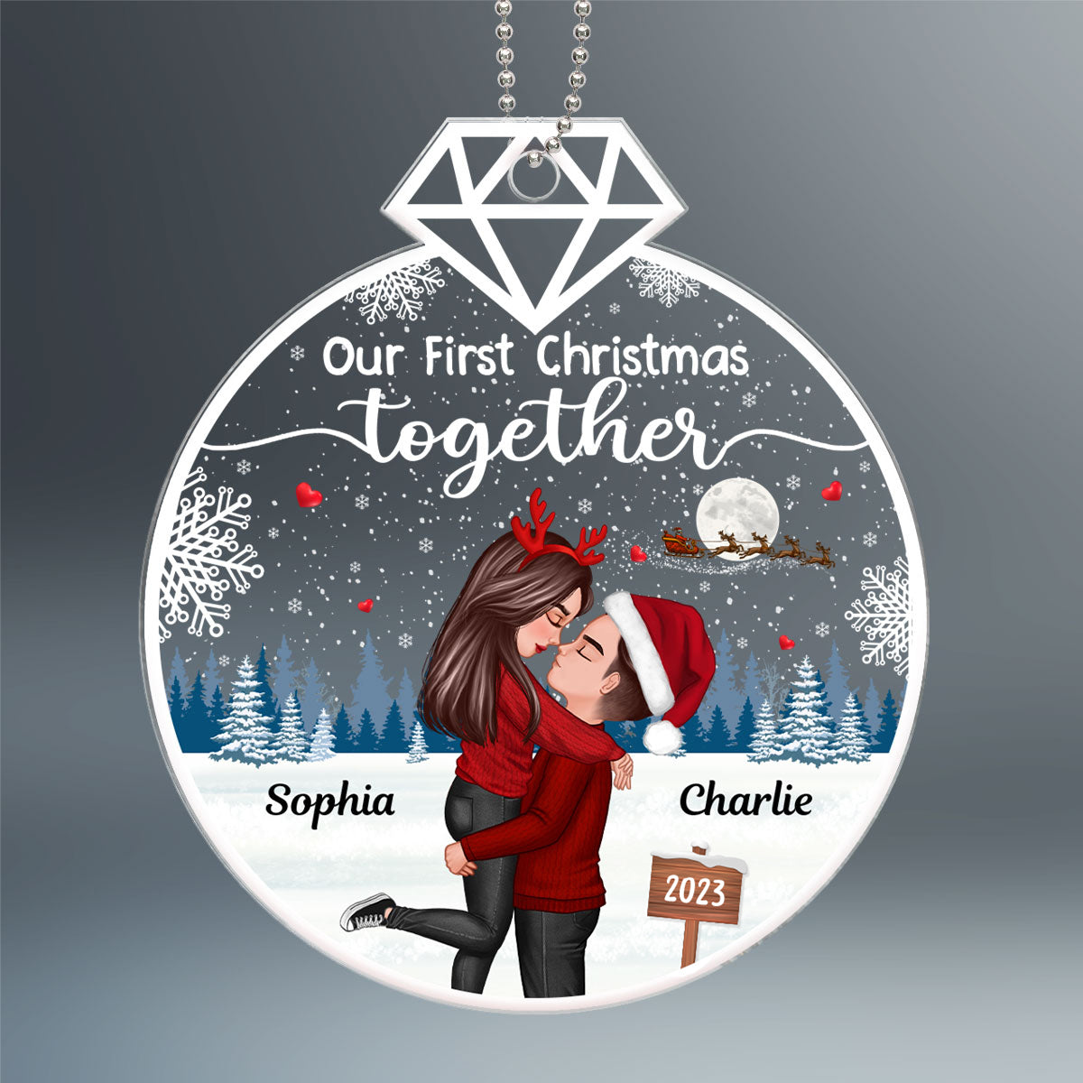 Our First Christmas Ring Shape Doll Couple Hugging Kissing Personalized Acrylic Ornament
