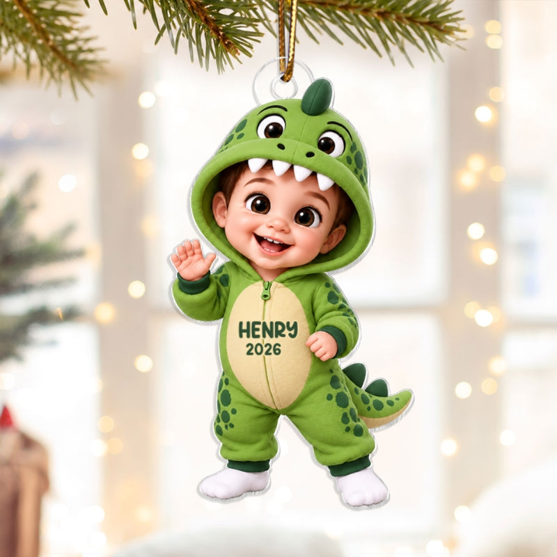 Cute Cartoon Kid With Dinosaur Costume - Personalized Acrylic Ornament - Christmas Gift For Boys, Girls