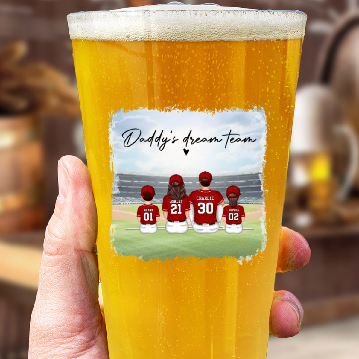 Daddy's Team Baseball Family Sitting Personalized Beer Glass, Unique Birthday Gift For Dad, Father's Day Gift