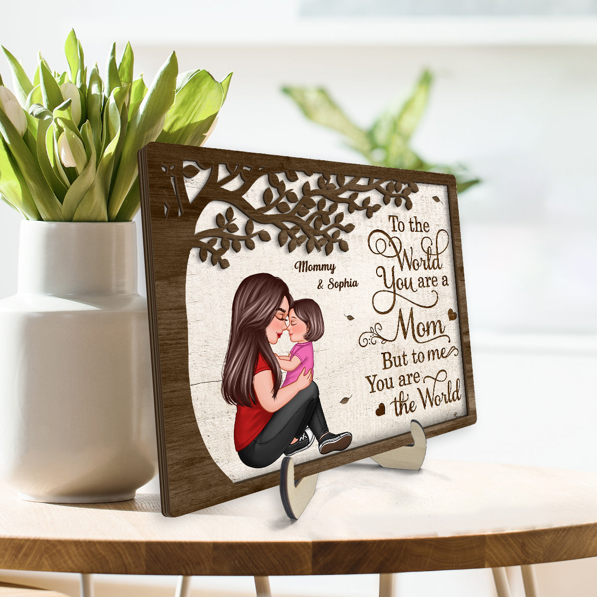 Grandma Mom Kid Sitting Under Tree Personalized 2-layer Wooden Plaque