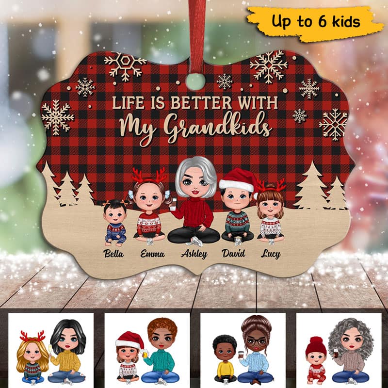 Red Checkered Grandma Grandkids Doll Personalized Christmas Ornament