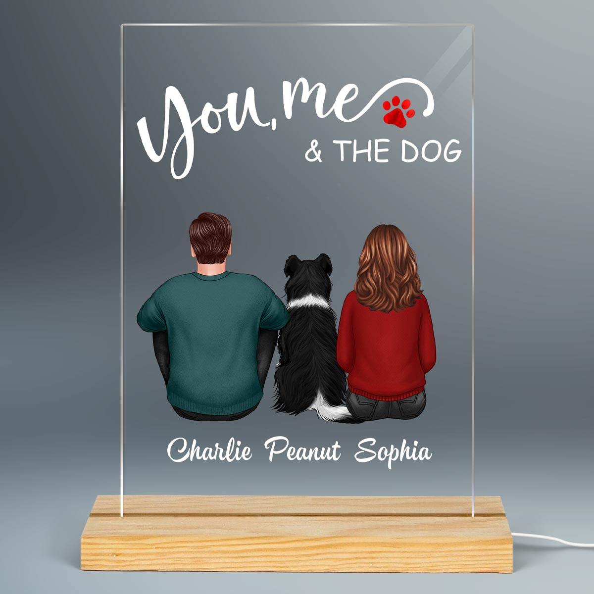 Back View Couple Sitting You Me And The Dogs Cats Personalized Rectangle Acrylic Plaque LED Lamp Night Light