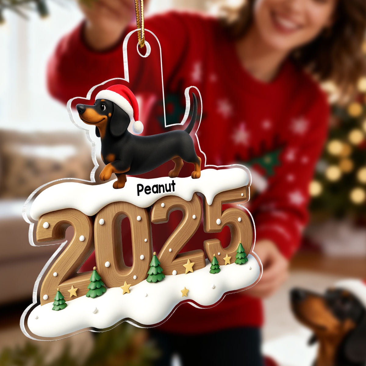 3D Effect Christmas Dachshunds Walking - Personalized Acrylic Ornament - Gift For Dachshund Lovers