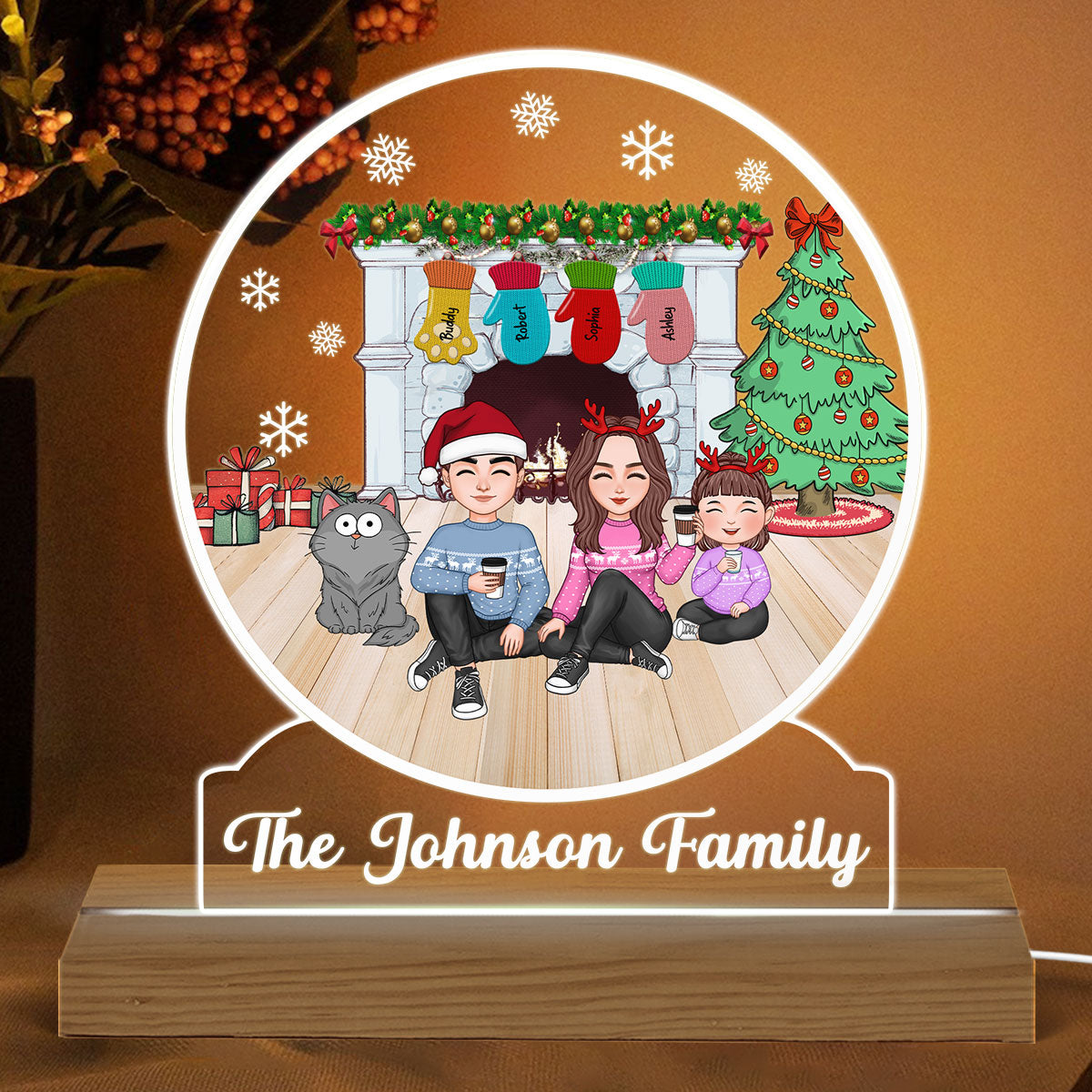 Family Sitting By The Fireplace Personalized Acrylic Custom Shape LED Night Light