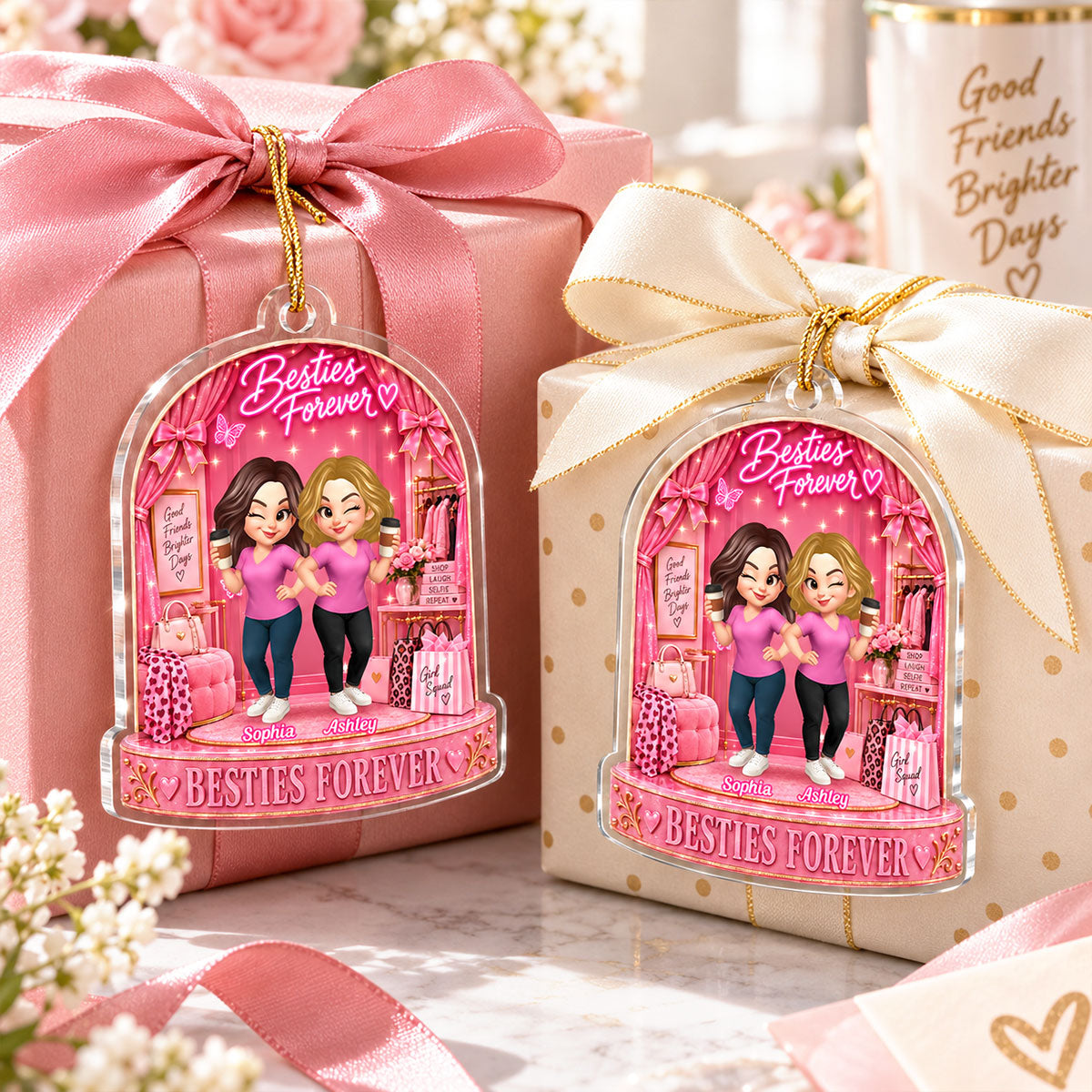 Besties Forever Pink Theme - Personalized Acrylic Ornament - Gift For Besties