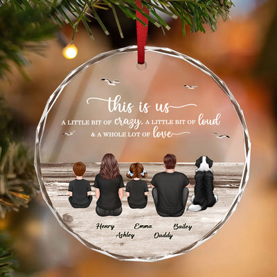 Family Sitting Back View Retro Vintage Beach Landscape Personalized Circle Glass Ornament