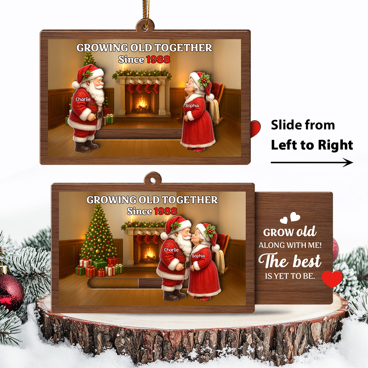 Santa Couple Growing Old Together Personalized Slide Ornament, Perfect Christmas Gift For Couples, For Her, For Him, For Wife, For Husband