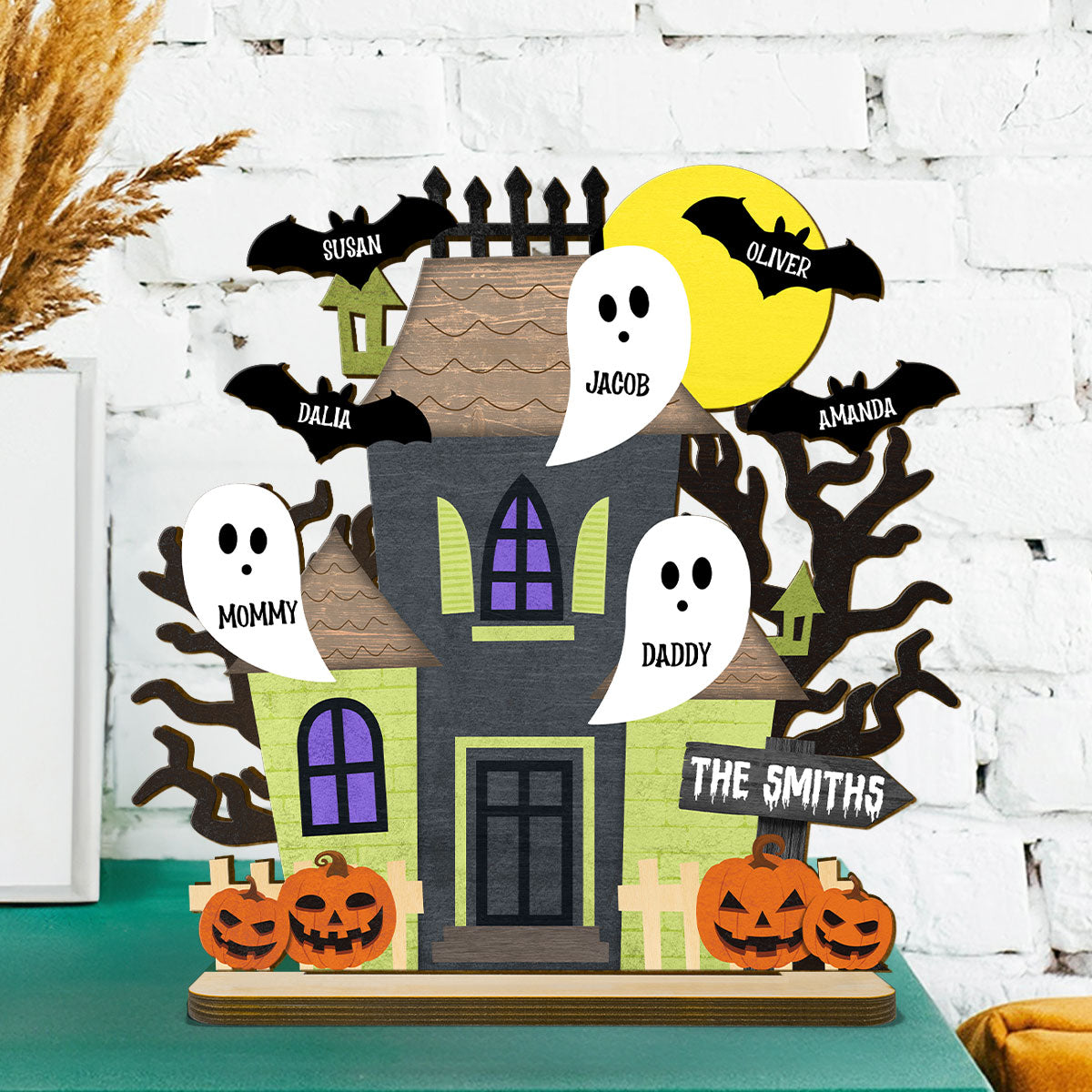 Grandma Family Haunted House Boo Flying Personalized Standing Wooden Plaque, Halloween Decor