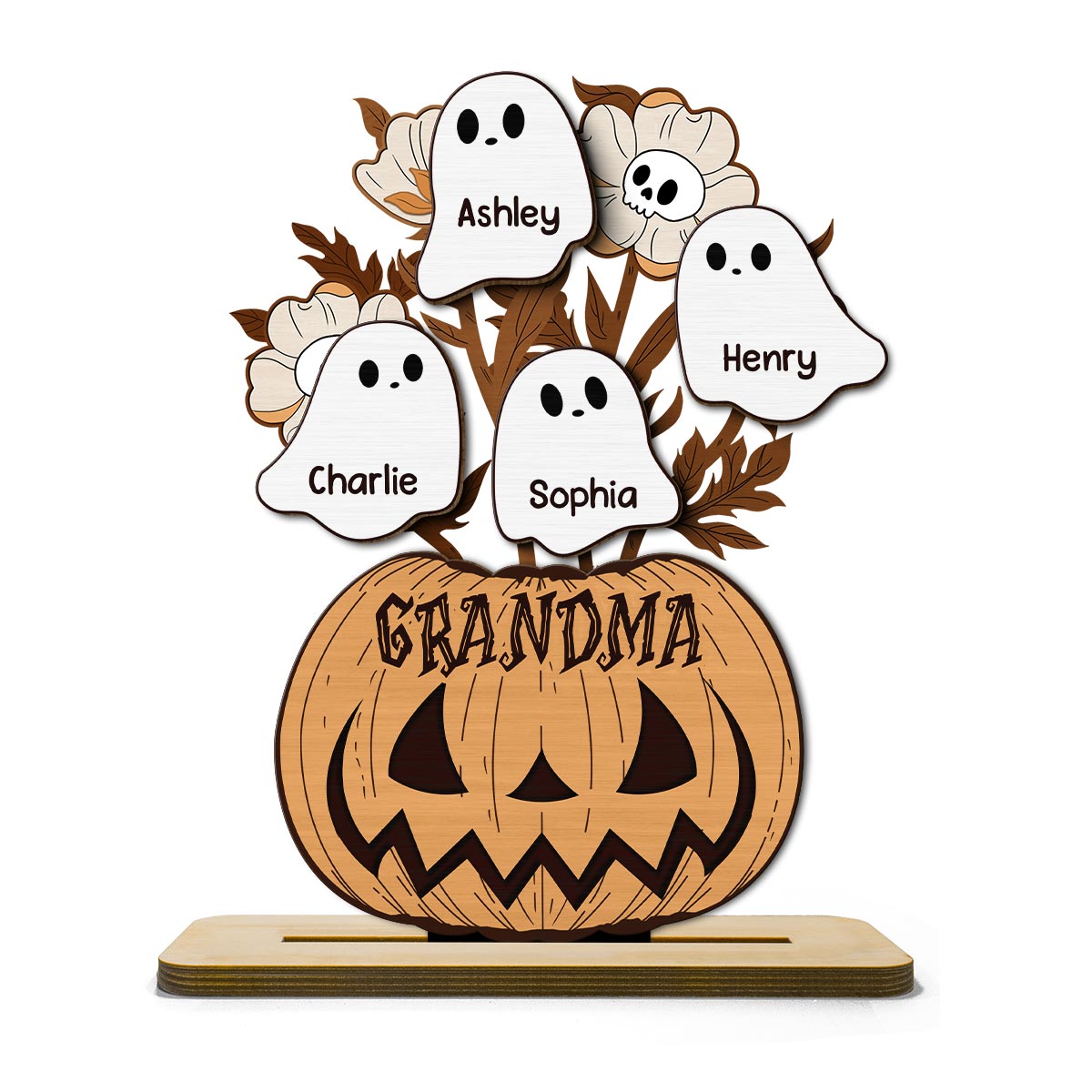 Halloween Grandma Pumpkin Vase Flowers Personalized 2-Layer Standing Wooden Plaque, Halloween Decor