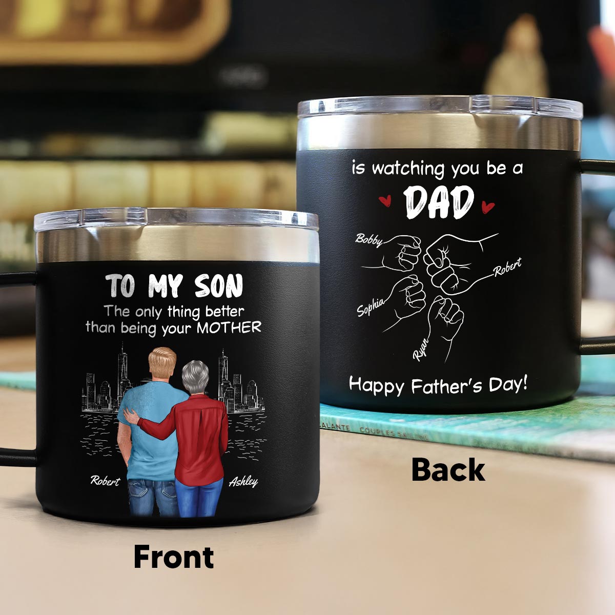 From Mom Dad To Son Watching You Be A Dad Personalized Stainless Steel Tumbler With Handle, Gift For Son