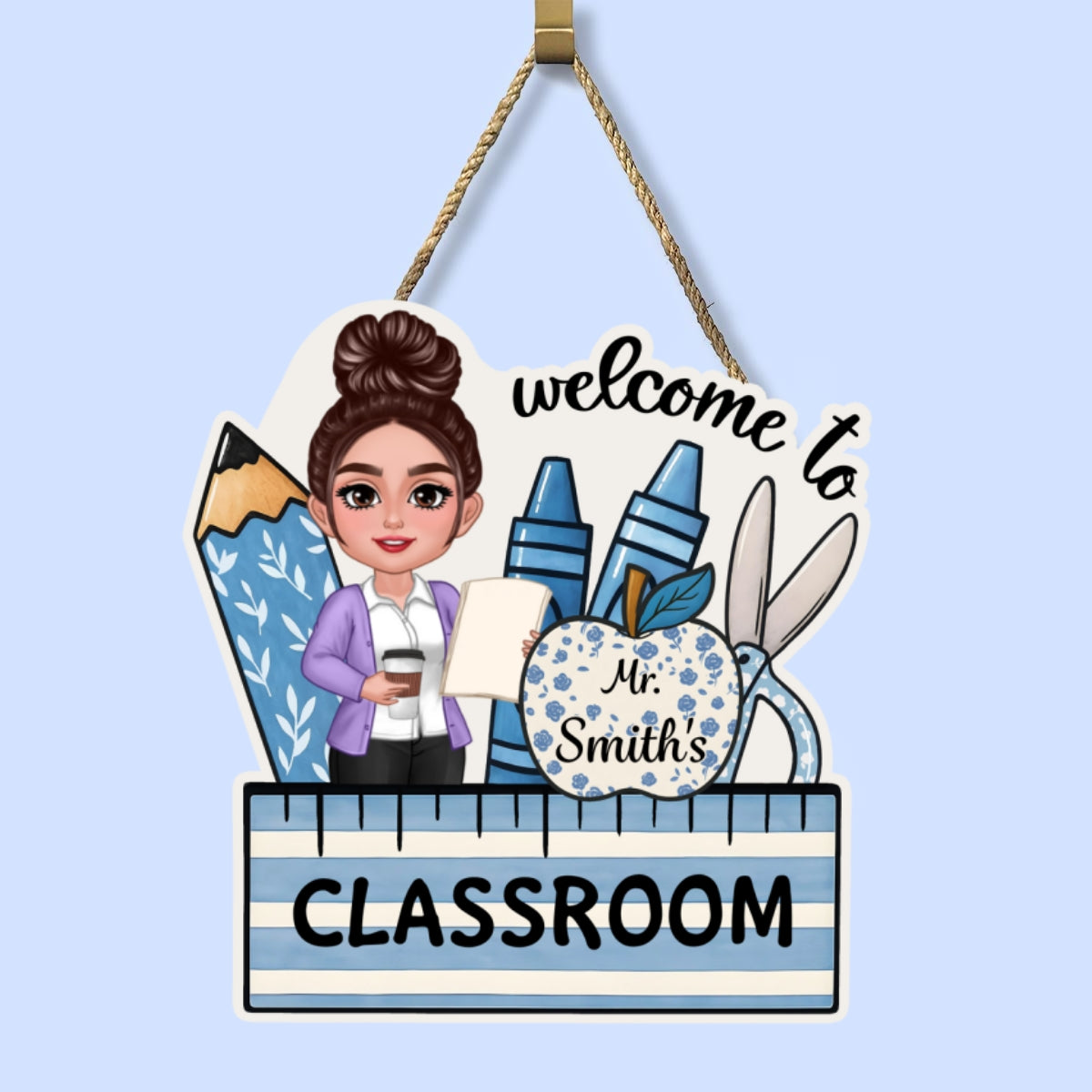 Welcome To Teacher Classroom Blue Floral Personalized Door Sign