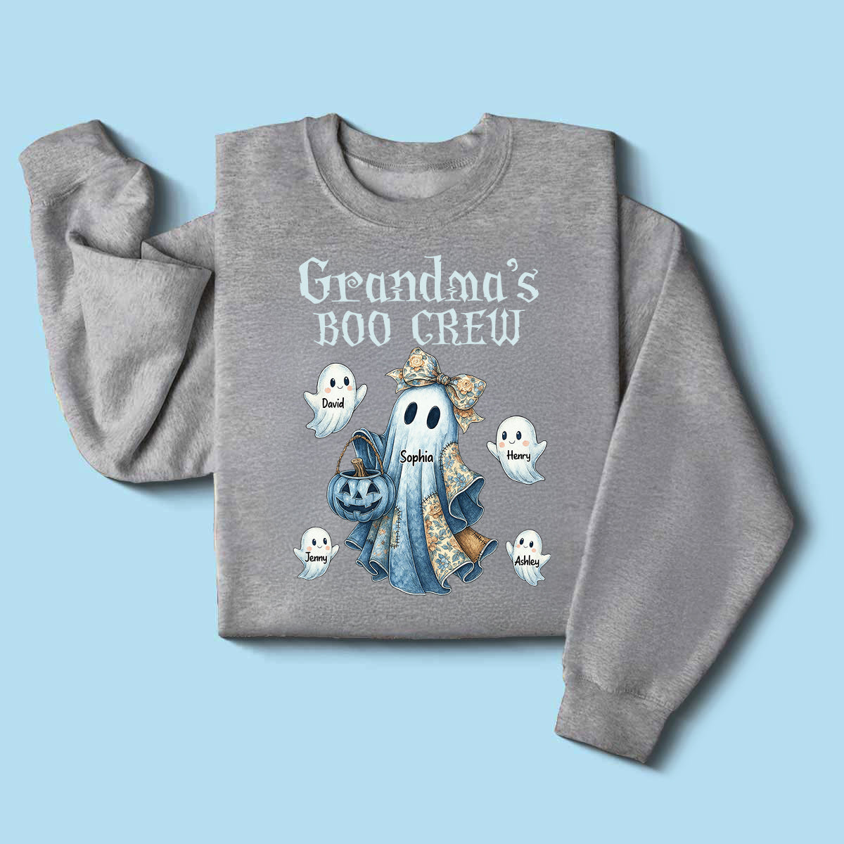 Grandma's Boo Crew Retro Halloween Blue Denim Ghost Personalized Sweatshirt, Spooky Sweatshirt for Grandma, Mom