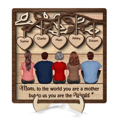 Back View Mom And Daughters Sons Sitting Under Heart Tree Gift For Mom Personalized 2-Layer Wooden Plaque