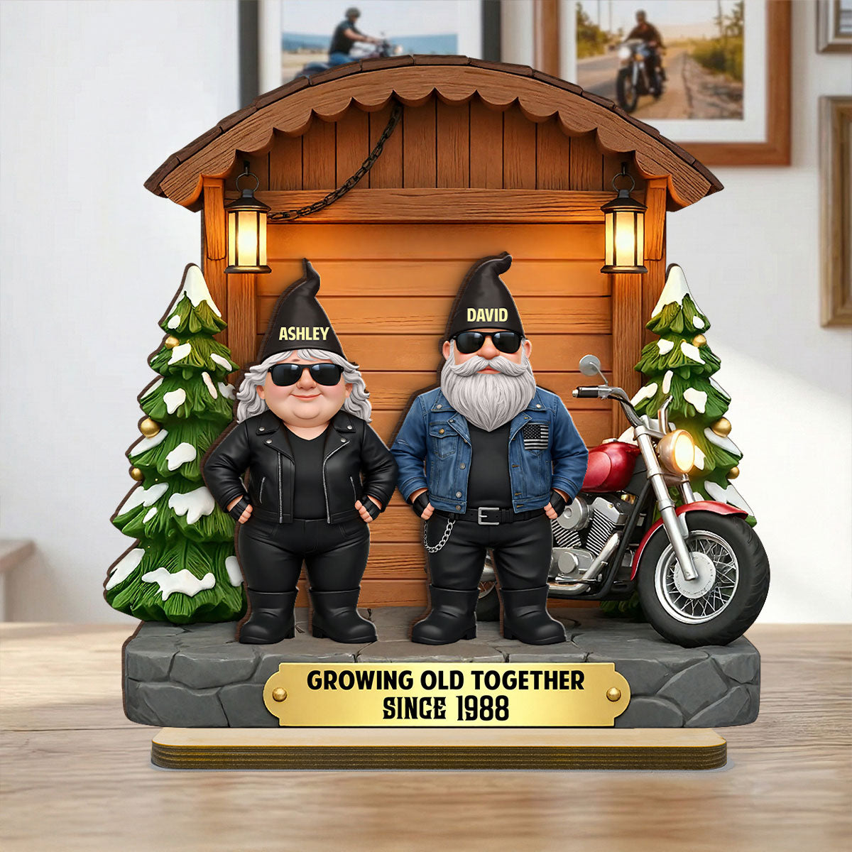 Growing Old Together Biker Couple - Personalized 2-Layered Wooden Plaque - Anniversary, Valentine's Day Gift, Gift For Him, Gift For Her