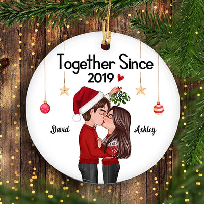 Doll Couple Kissing Under Mistletoe Christmas Personalized Circle Ornament