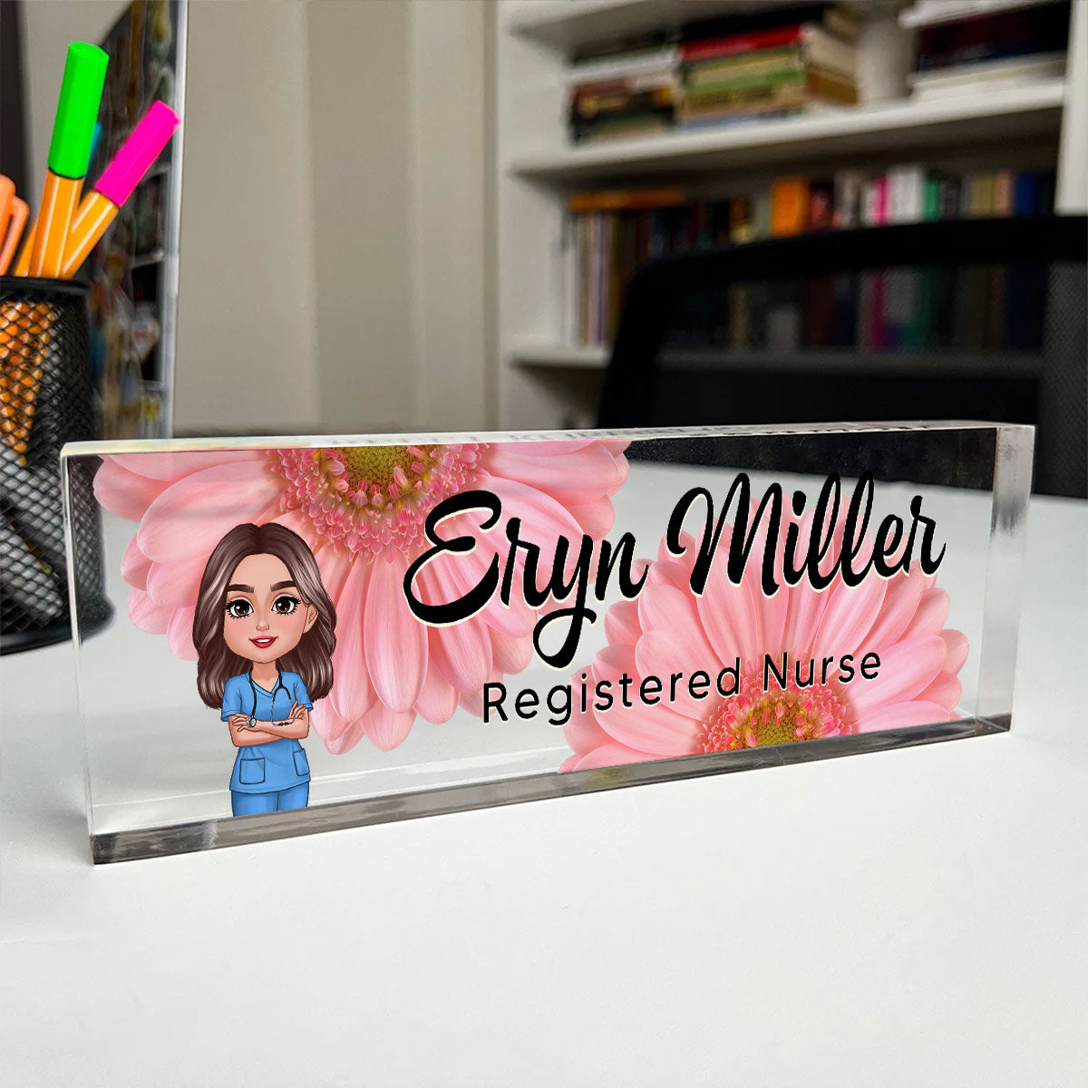 Nurse Flowers Personalized Acrylic Desk Name Plate, Gift For Nurses, Doctors, Healthcare Workers