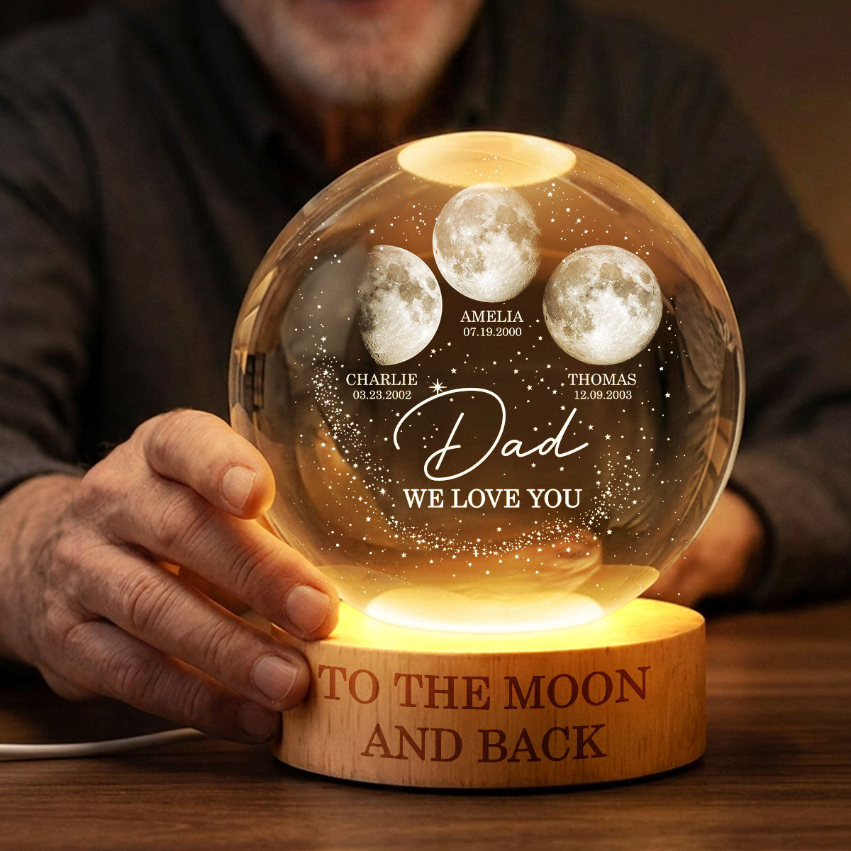 Love to the Moon and Back - Personalized Crystal Ball LED Night Light - Custom Moon Phase by Date, Father's Day Gift for Dad, Husband