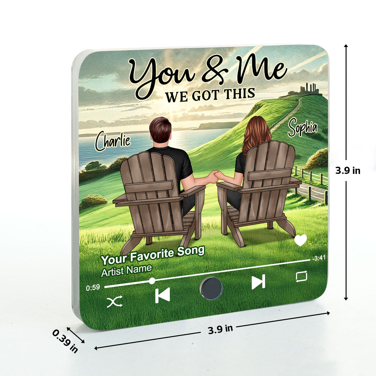 Back View Couple Sitting On Grass Hill Personalized Music Fridge Magnet, Heartfelt Gift For Couple, For Him, For Her
