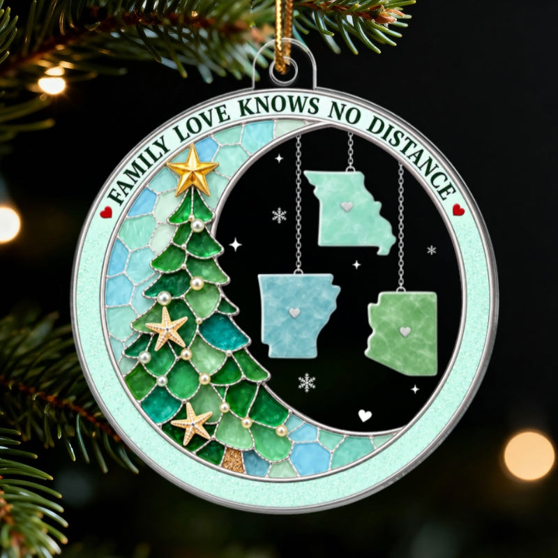 Family Love Knows No Distance State Hanging 2D Flat - Personalized Acrylic Ornament - Long Distance Gift