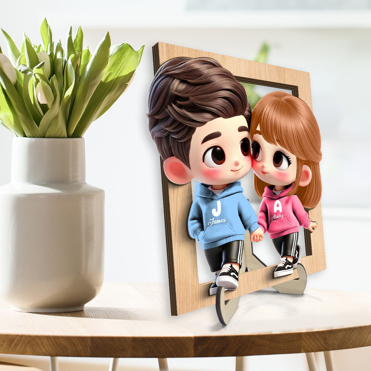 3D Effect Cute Cartoon Couple Holding Hands Personalized 2-Layered Wooden Plaque, Anniversary &  Gift for him, Gift for her