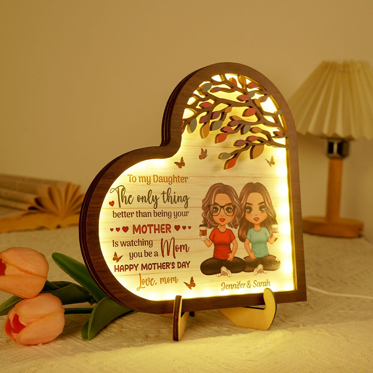 To My Daughter Gift From Mom Heart Personalized 2-Layered Wooden Plaque With LED