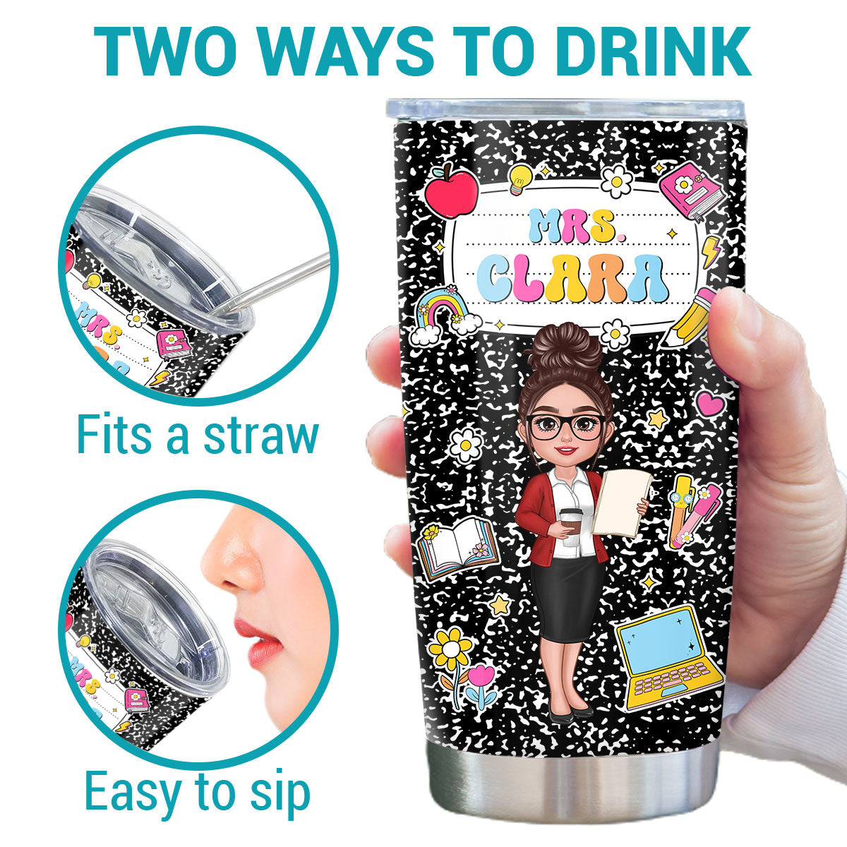 Teacher Composition Book Pattern Personalized Tumbler, Gift For Teacher