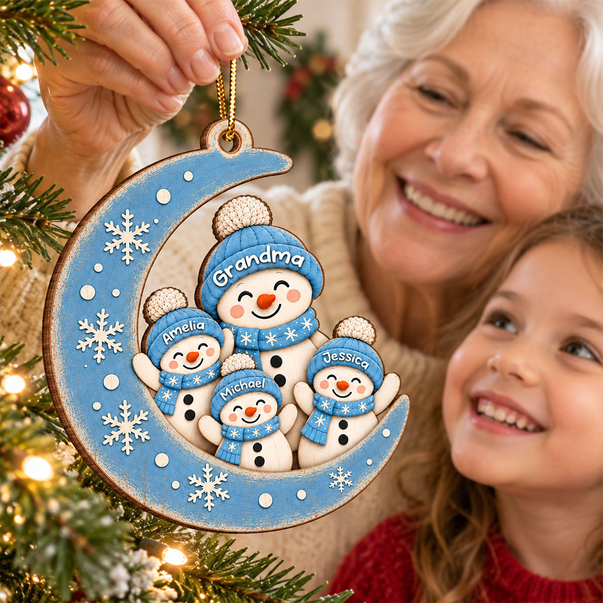 Blue Winter Grandma Grandkids Snowman On Moon - Personalized Wooden Ornament - Christmas Gift for Grandma
