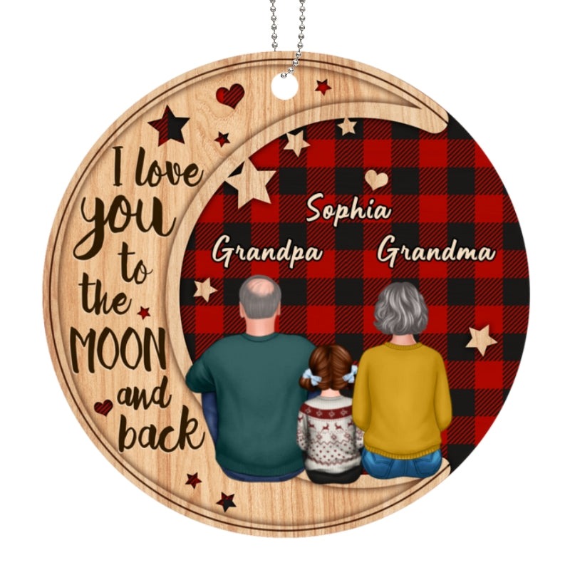 Checkered Pattern Grandma Grandpa Grandkid On Moon Personalized Wooden Ornament