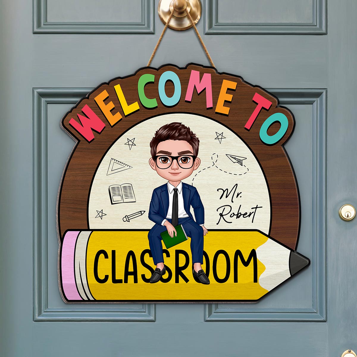 Teacher Sitting On Pencil Welcome To Classroom Personalized Wood Sign