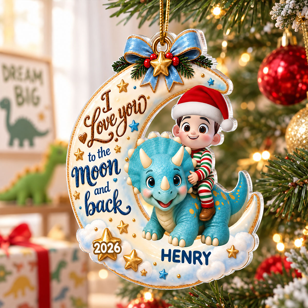Kid & Dinosaur On Moon - Personalized Acrylic Ornament - Christmas Gift For Grandkid, Boys, Girls