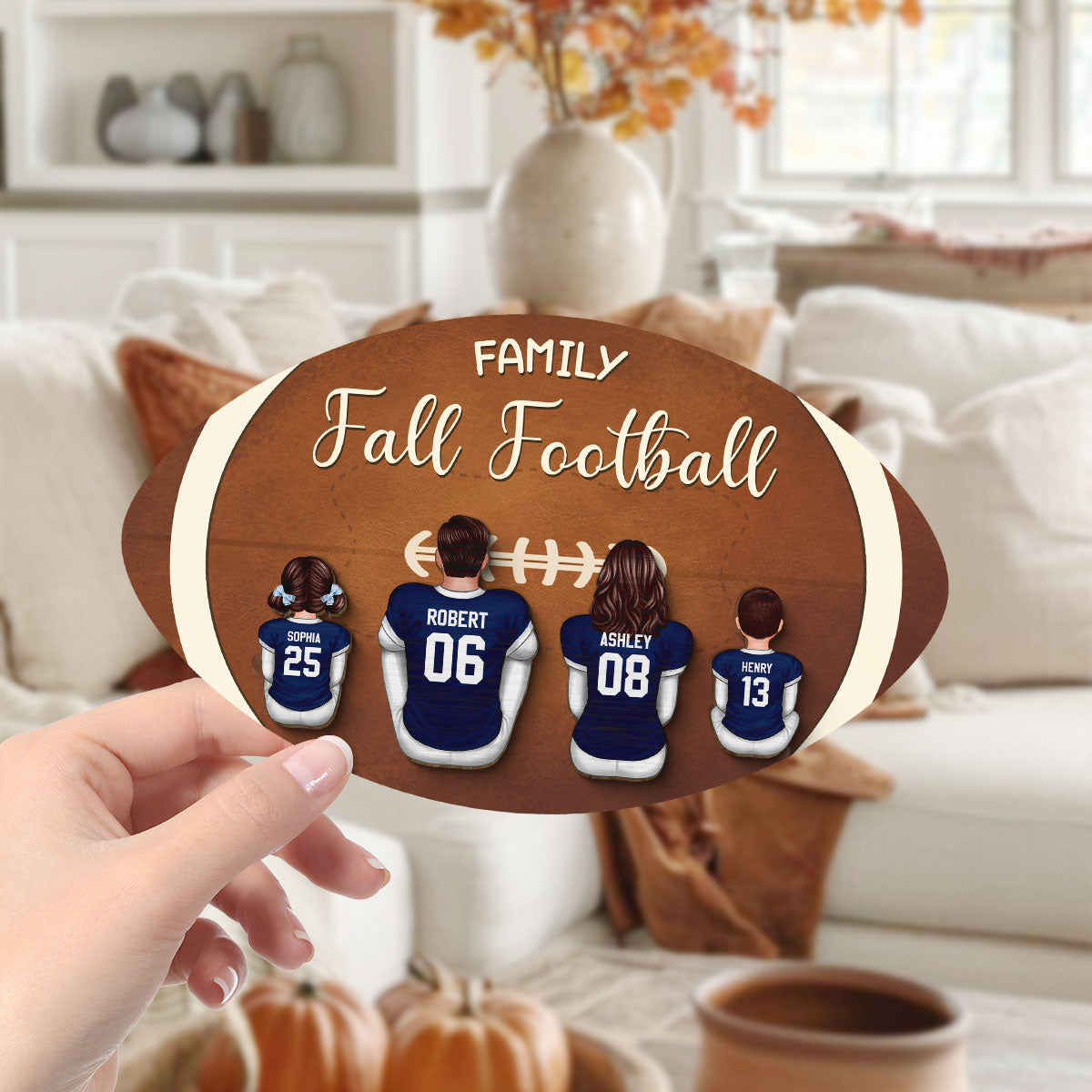 Family Fall Football Family Sitting Personalized 2-Layer Wooden Plaque, Gift For Husband, Wife, Dad, Mom