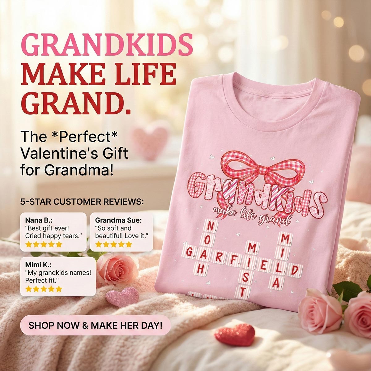 Grandkids Make Life Grand Preppy Valentine Pattern Crossword Puzzle Art - Personalized Shirt - Valentine's Day Gift For Grandma