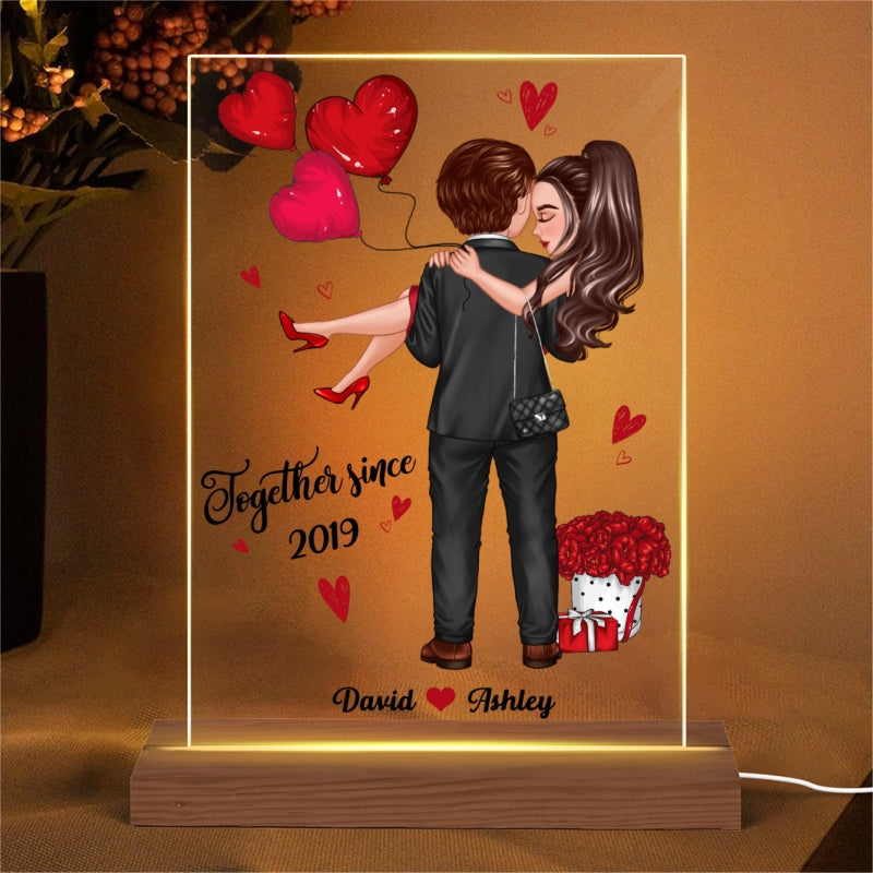 Embracing Hugging Doll Couple Personalized Plaque LED Night Light - Gift For Him Gift For Her
