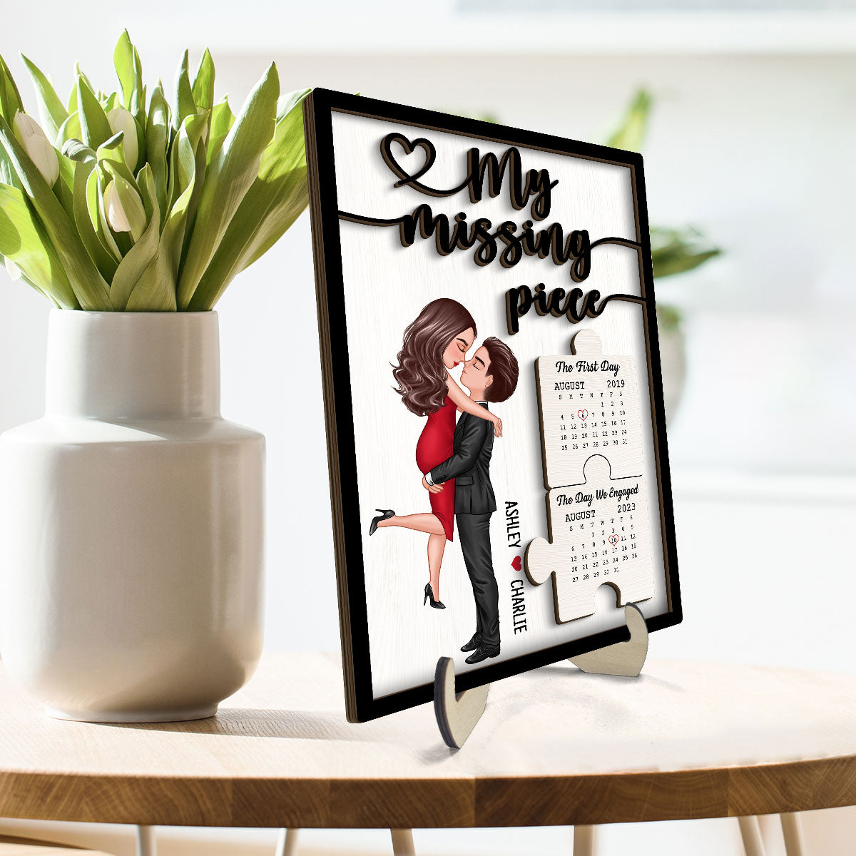 Couple Kissing Anniversary Dates Puzzle Personalized 2-layer Wooden Plaque