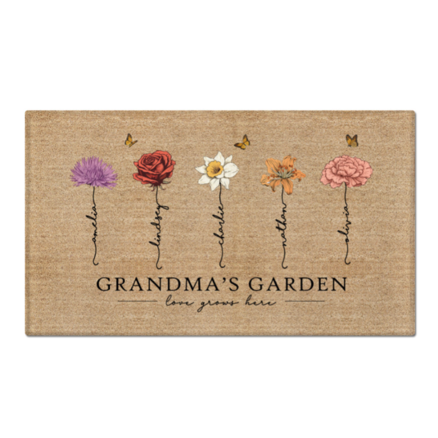 [FREE DELIVERY - Limited time offer] Grandma‘s Garden Love Grows Here Vintage Birth Flowers Swirl Name Personalized Doormat, Gift For Her, Mom, Grandma