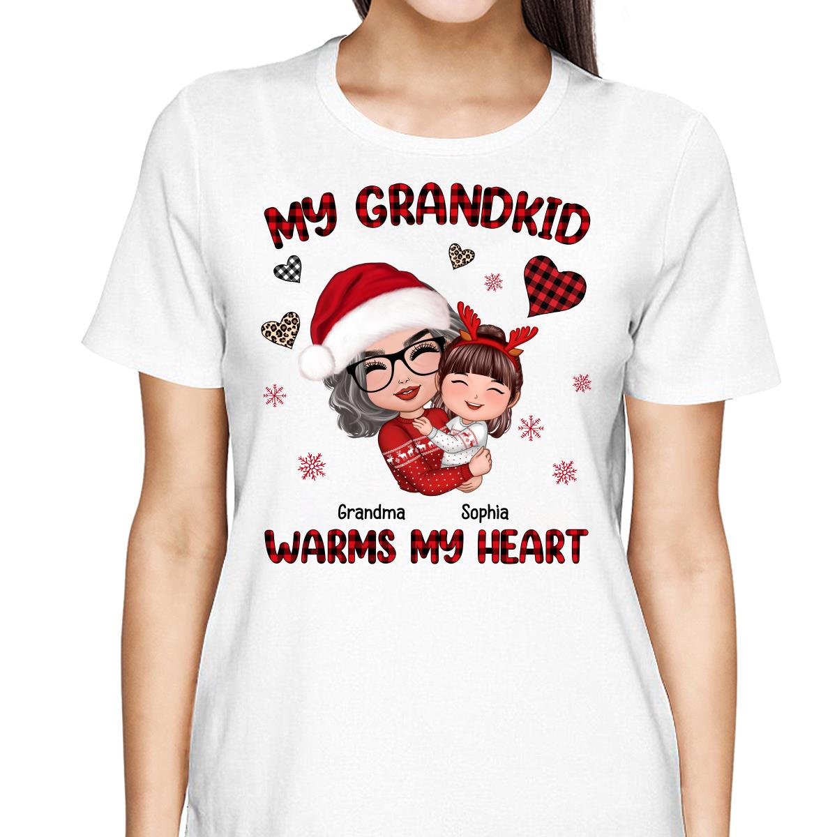 Christmas Patterns Hearts Doll Grandma Hugging Kid My Grandkids Warm My Heart Personalized Shirt