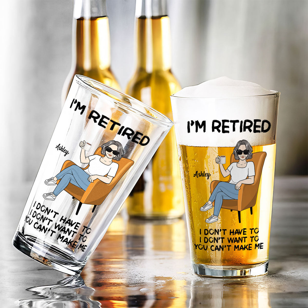 Woman Man Sitting I‘m Retired You Can’t Make Me Personalized Beer Glass, Retirement Gift
