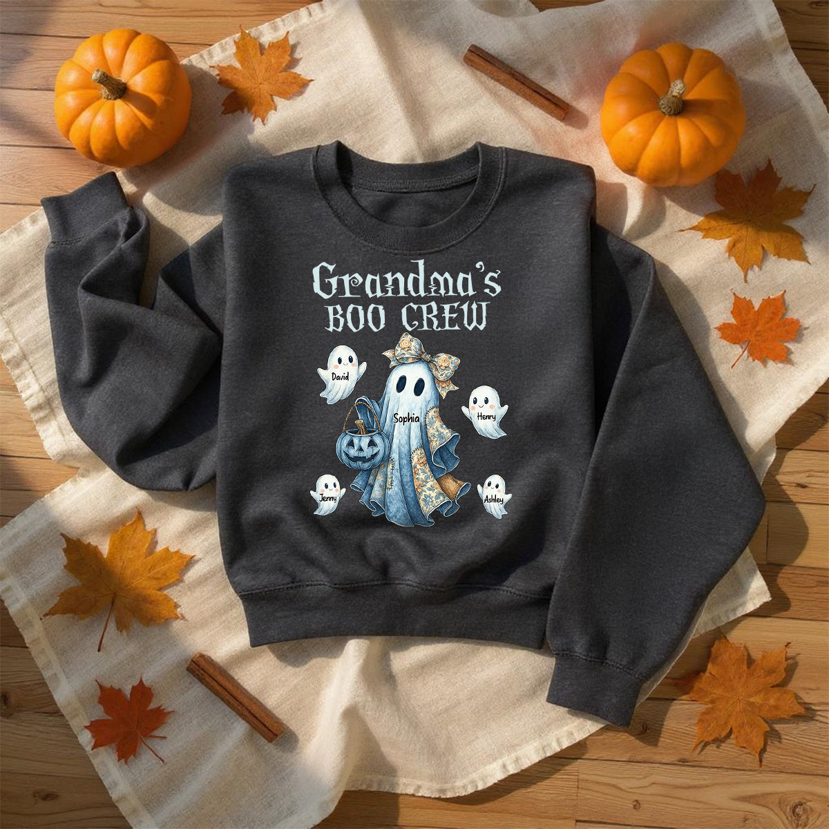 Grandma's Boo Crew Retro Halloween Blue Denim Ghost Personalized Sweatshirt, Spooky Sweatshirt for Grandma, Mom