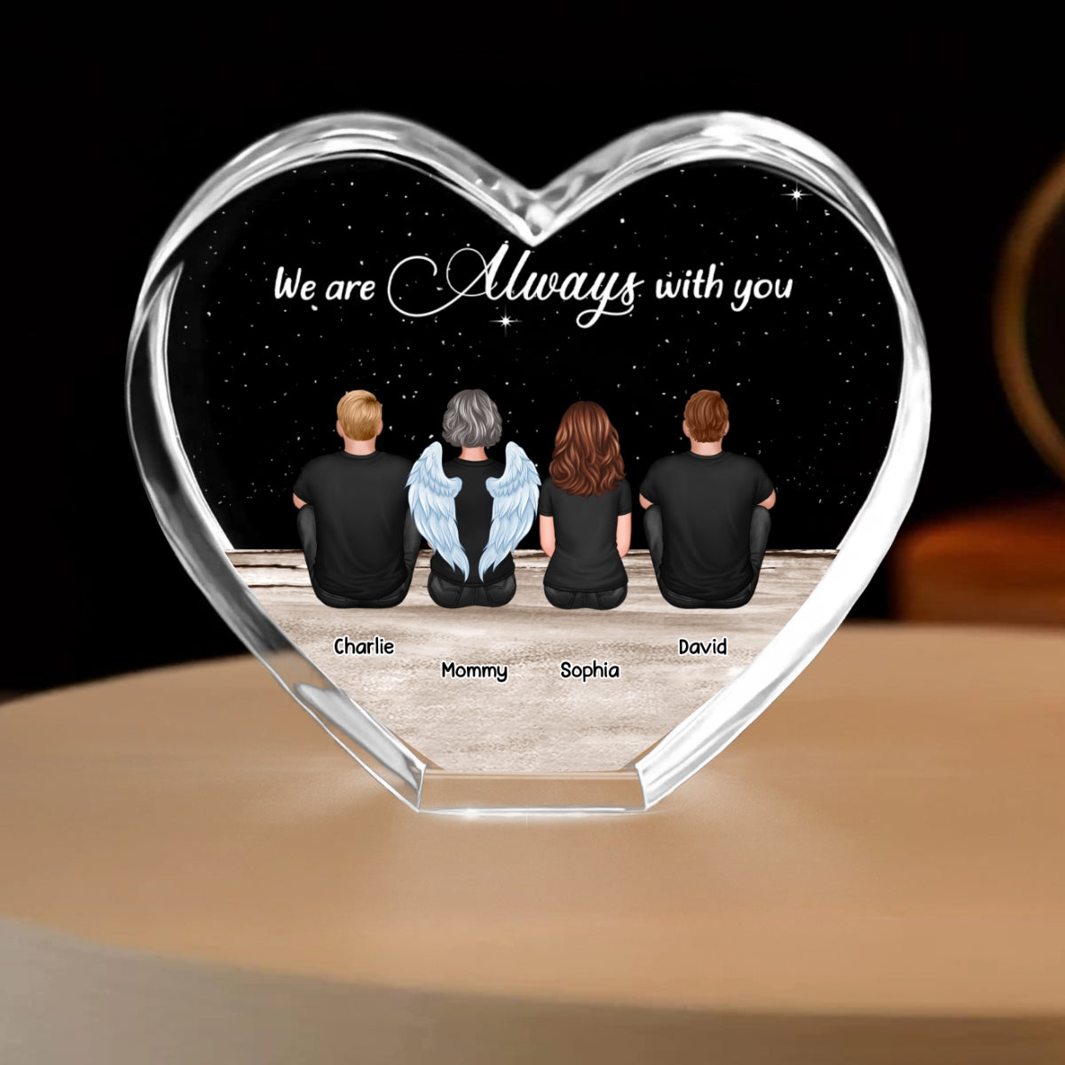Always With You Sky Family Members, Memorial Personalized Premium Crystal Heart LED, Sympathy Gift