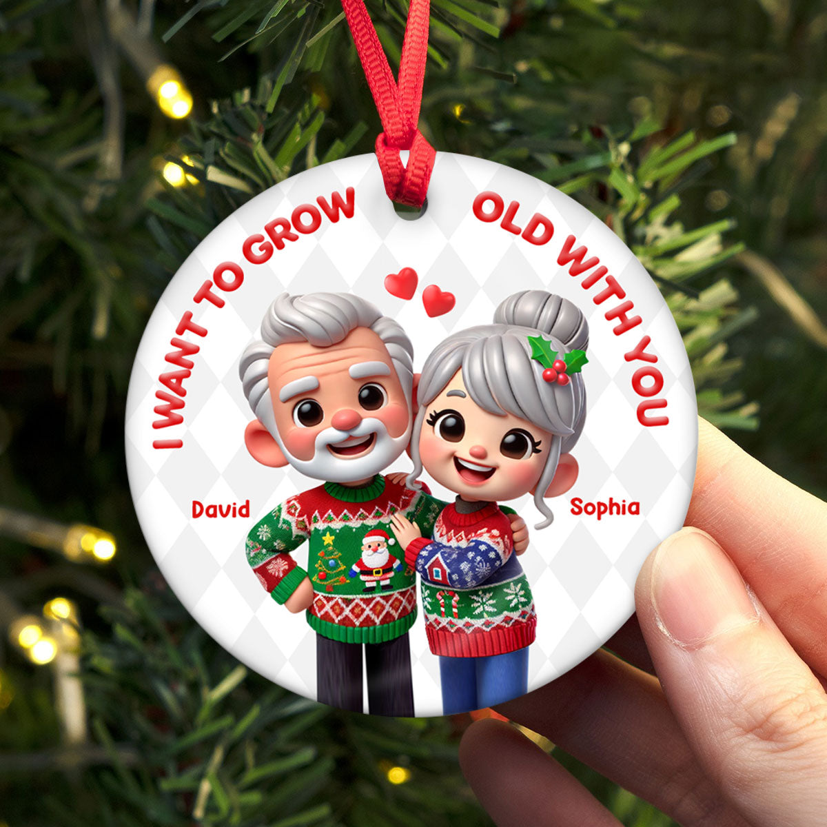 Funny Cartoon Couple I Want To Grow Old With You Christmas Personalized Ceramic Ornament