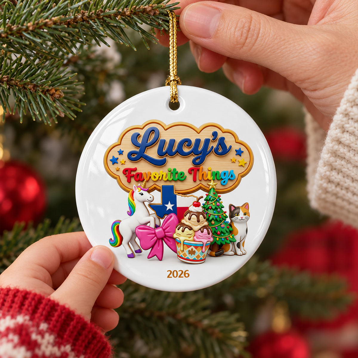 Kid's Favorite Things 2D Flat Printed - Personalized Ceramic Ornament - Custom Name & Favorite Things Keepsake Gift for Kids