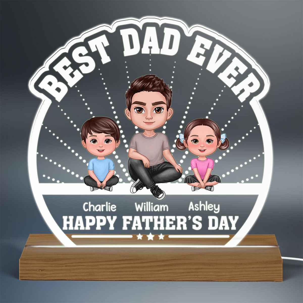 Best Dad Ever Doll Man Sitting With Kids Dog Cat Personalized Custom Shaped Acrylic Plaque With Warm LED Night Light